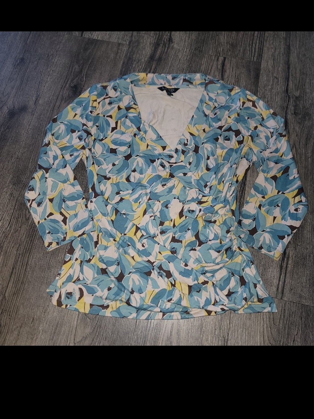 Ralph Lauren Blue and Yellow Floral Wrap Blouse
